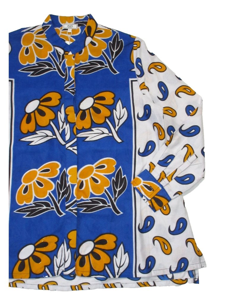 Nwt Zuri Kenya Kikambala Shirt In Blue White Orange Floral Cotton Button M — image 3 of 7